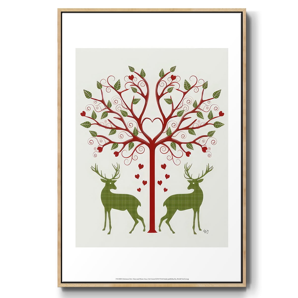 Christmas Des - Deer and Heart Tree, On Cream - Framed Gallery Wrapped Holiday Canvas - 27 x 41 - Natural Wood Frame