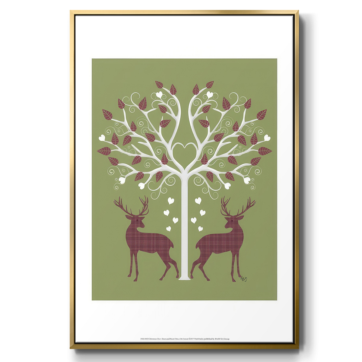 Christmas Des - Deer and Heart Tree, Pink On Green - Framed Gallery Wrapped Holiday Canvas - 25 x 37 - Gold Frame