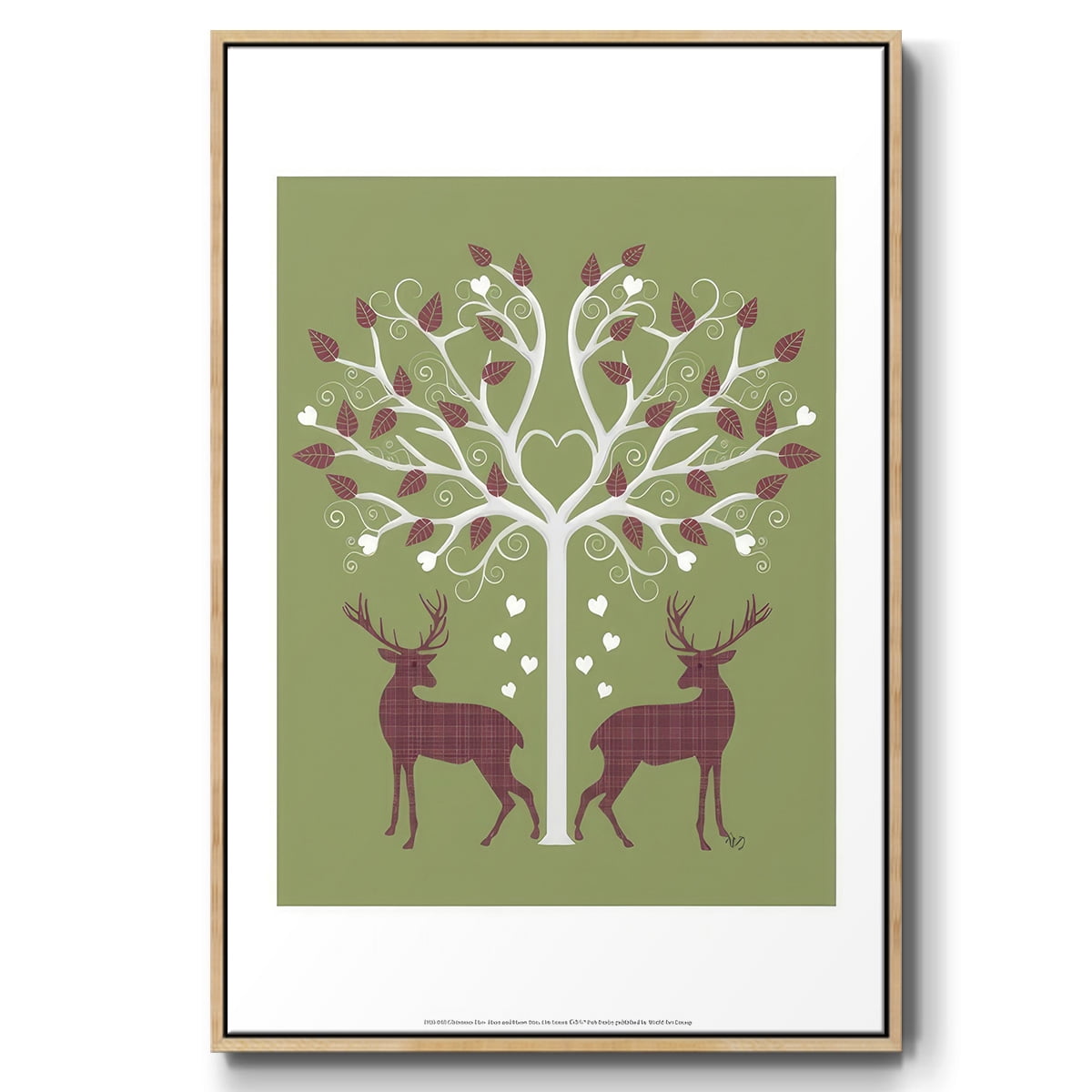 Christmas Des - Deer and Heart Tree, Pink On Green - Framed Gallery Wrapped Holiday Canvas - 25 x 37 - Natural Wood Frame