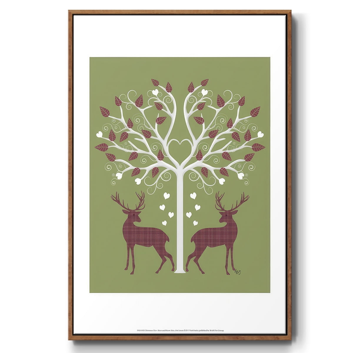 Christmas Des - Deer and Heart Tree, Pink On Green - Framed Gallery Wrapped Holiday Canvas - 25 x 37 - Rosewood Frame