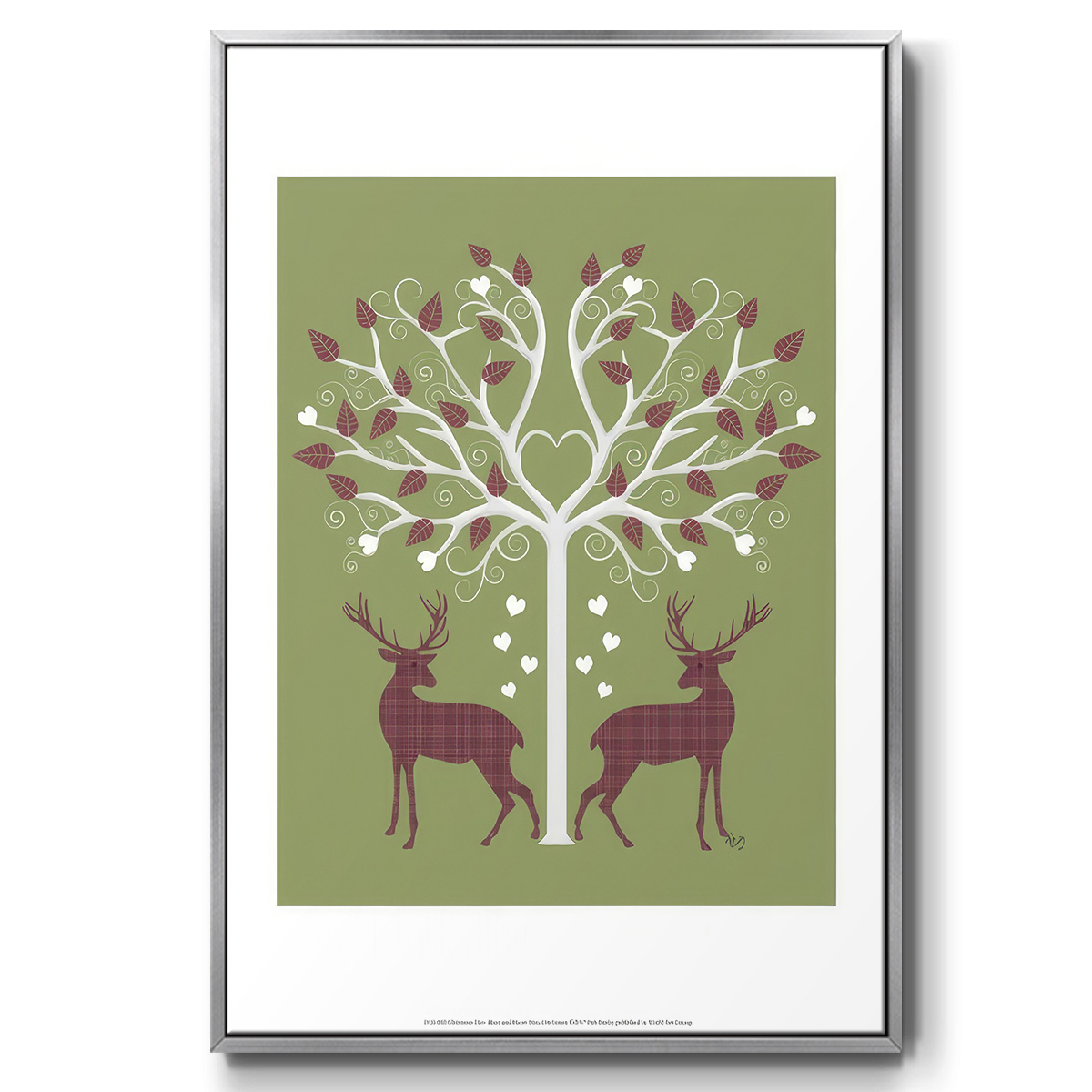 Christmas Des - Deer and Heart Tree, Pink On Green - Framed Gallery Wrapped Holiday Canvas - 25 x 37 - Silver Frame