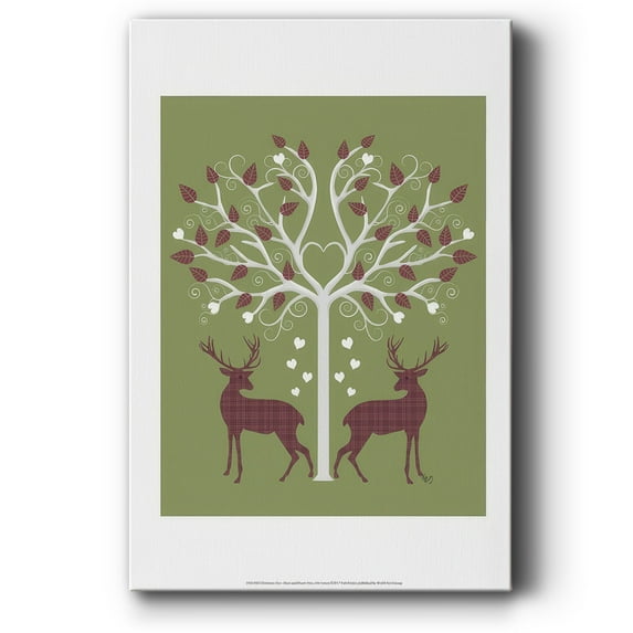 Christmas Des - Deer and Heart Tree, Pink On Green- Gallery Wrapped Canvas