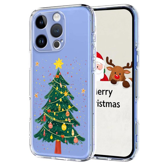 Christmas Design Case for iPhone 15 Pro Max, Cute Merry Christmas Pattern TPU Clear Shockproof Protective Lightweight Anti-Scratch Ultra Slim Wireless Charging Women Girls Cover, Christmas Tree
