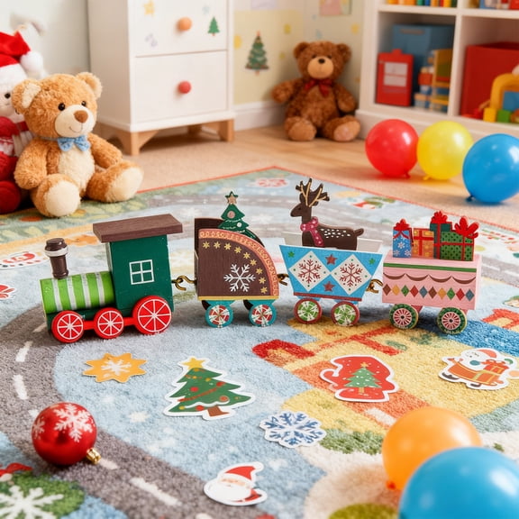 Christmas Desktop Wooden Train Figurines Decoration Set Holiday Tabletop Ornament Home Living Room Shelf Mantel Party Centerpiece Seasonal Decor Gift Accent Display