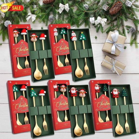 Christmas Dessert Fork Spoon Set Silver Snowman Spoon Small Tree Fork, Festive Cutlery with Cute Character Handles, Holiday Tableware for Dessert Party, Xmas Dining Decor