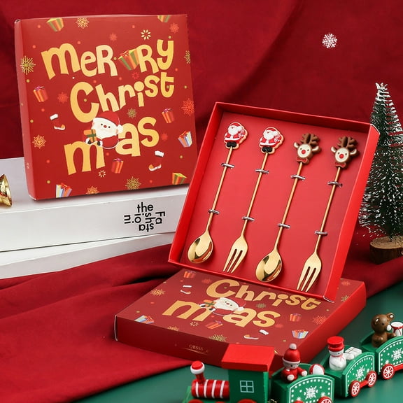 Christmas Dessert Spoon & Fork SetStainless Steel TablewareFestive Holiday Party Serving Utensils for Family Gatherings(golden)