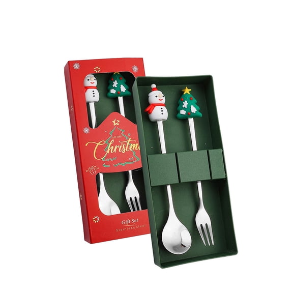 Christmas Dessert Spoon and Fork Set Stainless Steel Holiday Tableware with Festive Charms, in Silver Snowman Spoon & Tree Fork