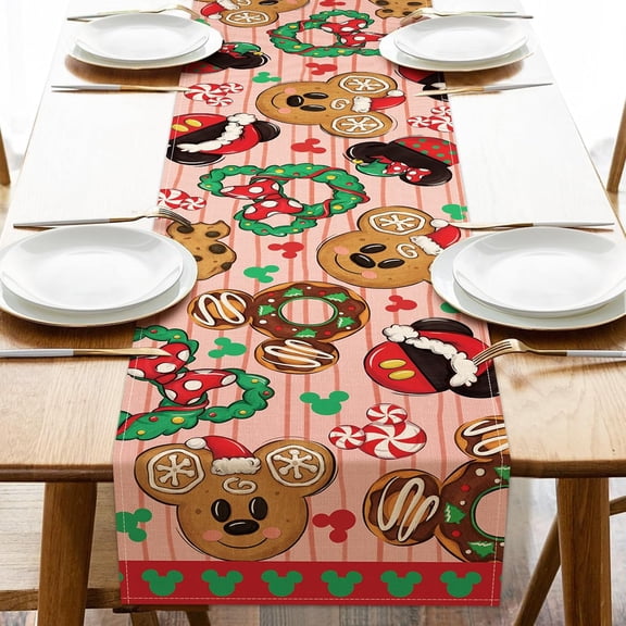 Christmas Dessert Table Runner, Xmas Cookie Donut Wreath Peppermint Candy Kitchen Dining Table Decoration, Funny Winter Burlap Indoor Outdoor Home Decor Party Supply 13.8x90 Inches