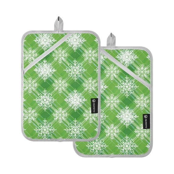 Christmas Diagonal Green Plaids Snowflakes Potholders Heat Resistant Pot Holder Set of 2 Oven Hot Pads with Pocket
