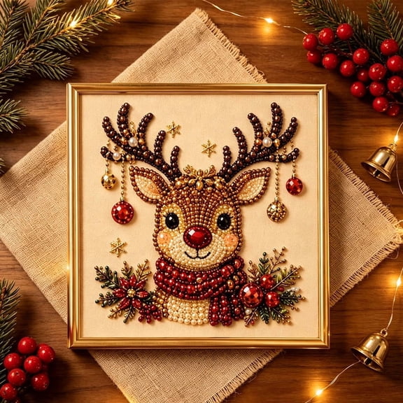 Christmas Diamond Art, 7.87x7.87 Inch Pre Framed Reindeer Wall Accent, 5D Rhinestone Crystal Beaded Needlework Board for Cabin Fireplace Mantel