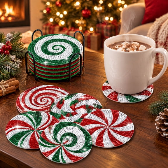 Christmas Diamond Art Coasters, Diamond Art Coasters Kit of 8 Peppermint Swirl Coaster Set with Holder, Diamond Painting Christmas Coasters
