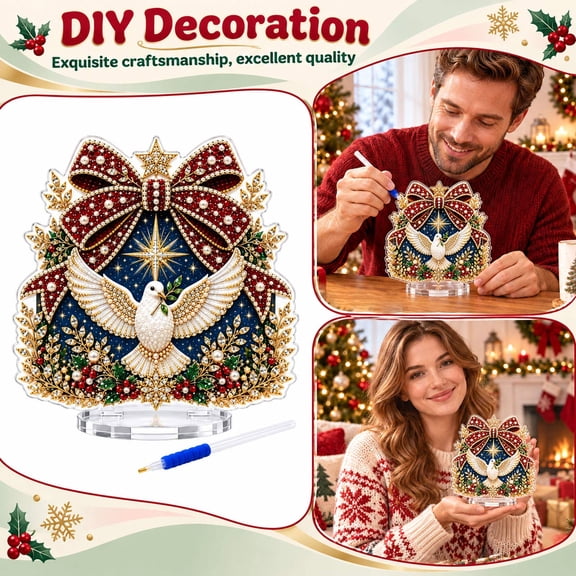 Christmas Diamond Art Decoration with Dove and Bow Design, Red and Gold, for Home Desk Display