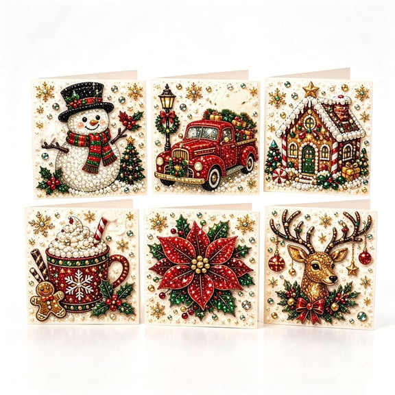 Christmas Diamond Art Greeting Card Kits 6pcs DIY Christmas Diamond Art Cards Christmas Diamond Mosaic Kit Xmas Rhinestones Greeting Card for Adults DIY Craft Family Friend Xmas Gifts