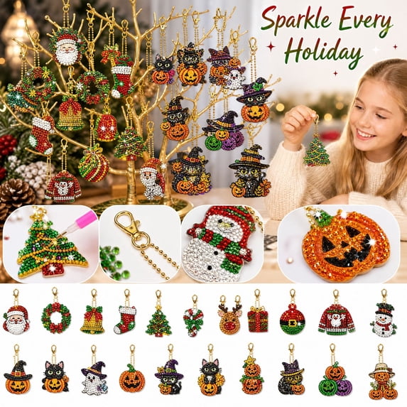 Christmas Diamond Art Keychain Kit - 12 Pack Diy Craft for Adults & Kids, Halloween Christmas Tree Ornaments