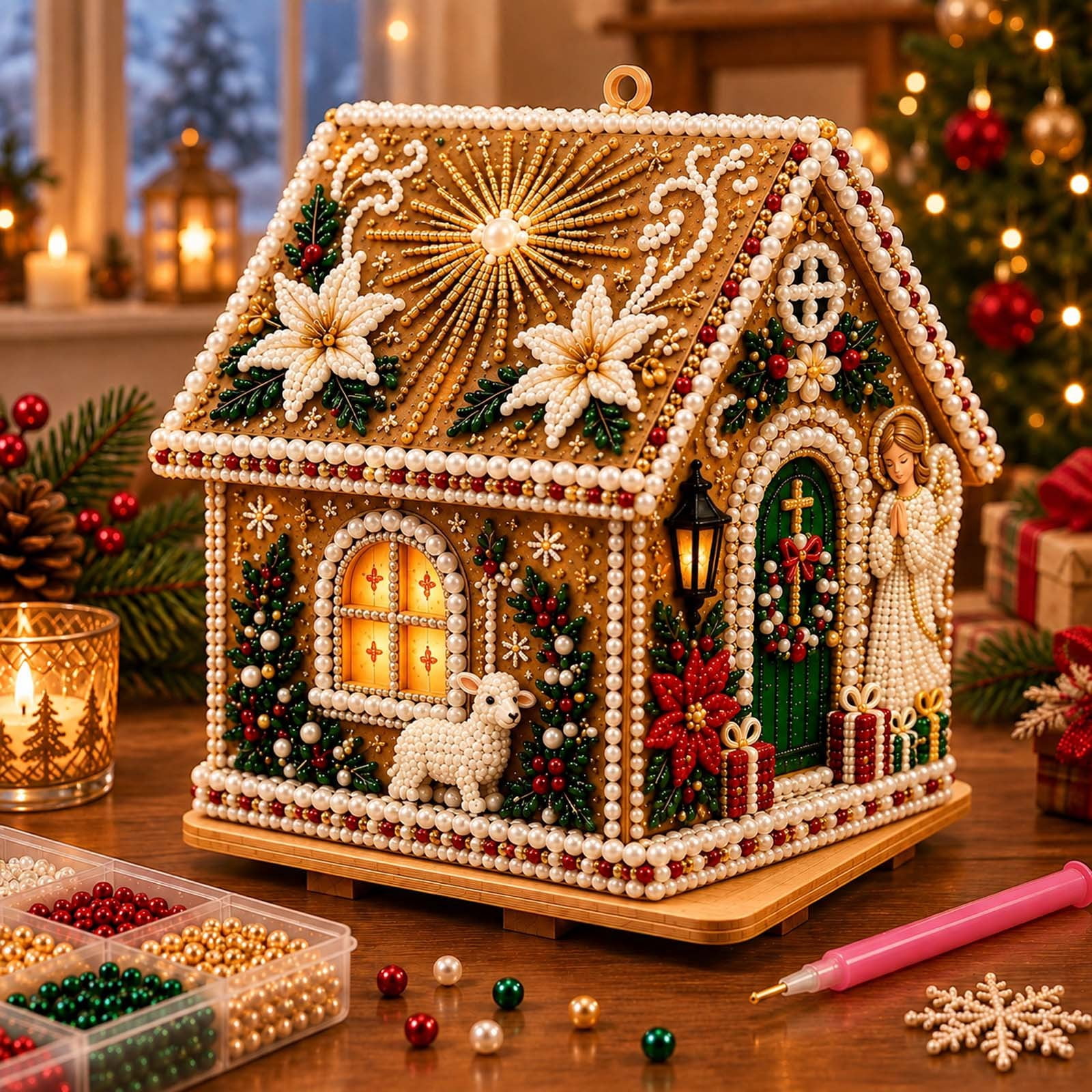 Christmas Diamond Art Kit with Pearl Beads, 3D Wooden House Craft for ...