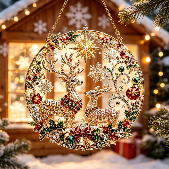 Christmas Diamond Art Kits for Adults, Acrylic Hanging Suncatcher | Double Sided Christmas Diamond Painting, Special Shaped Diamonds, Hanging Chain,Complete DIY Craft Tools,Hanging Ornament Style G