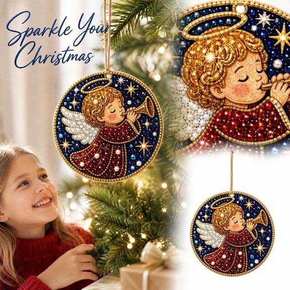 Christmas Diamond Art Kits for Adults, Angel Pearl Diamond Painting Ornament Kits for Beginners, DIY PET Dot Round Hanging Ornament for Xmas Tree Indoor Home Decor