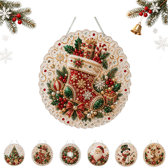 Christmas Diamond Art Kits for Adults, Christmas Pearl Diamond Art Acrylic Suncatcher, DIY Lace Edge Hanging Ornament Pearl Diamond Painting Craft Set