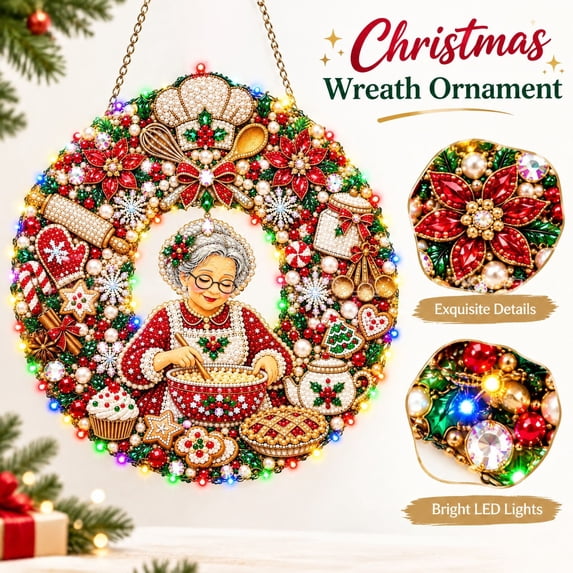 Christmas Diamond Art Kits For Adults Diy Christmas Diamond Painting Wreath Ornament With Led Lights,Pearl Art Hanging Christmas Decorations For Home Decor(9.84")
