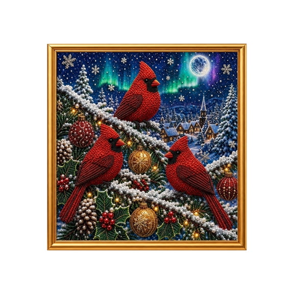 Christmas Diamond Art Kits for Adults Featuring Red Bird Winter Scene on Canvas with Gold Frame, 5D Pearl Dot Painting Crafts for Living Room Wall Decor, Holiday Diy Crafts for
