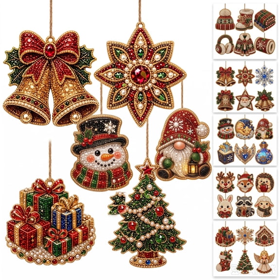 Christmas Diamond Art Kits for Adults with Sparkling Pearl and Rhinestone Details, Christmas Diamond Painting Featuring Intricate Holiday Motifs and Gold Hanging Loops for Elegant