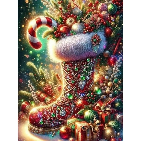 Christmas Diamond Art Kits for Adults,Winter Christmas Boots Candy Diamond Painting Kits for Beginners 5D Diamond Art,DIY Full Drill Round Gem Art Paintings for Home Wall Decor 12 x 16