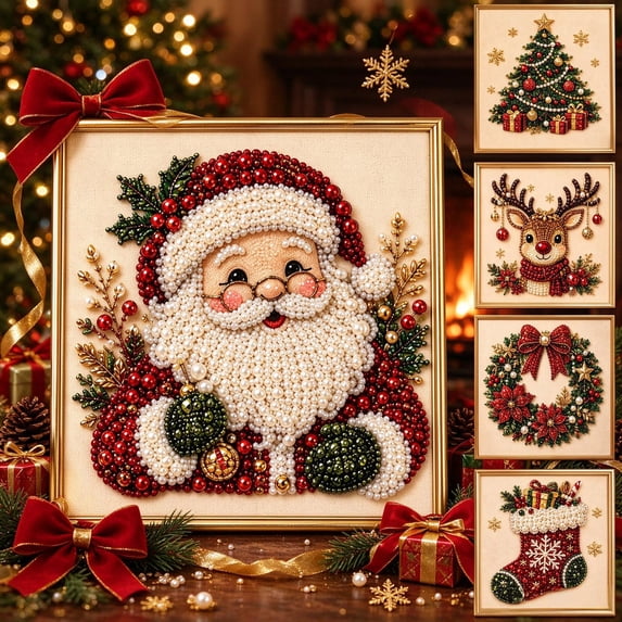Christmas Diamond Art Kits, DIY Pearl Diamond Painting Art Kit with Frame, Christmas Pearl Beads Art Craft for Adults & Beginners, Home Wall Decor