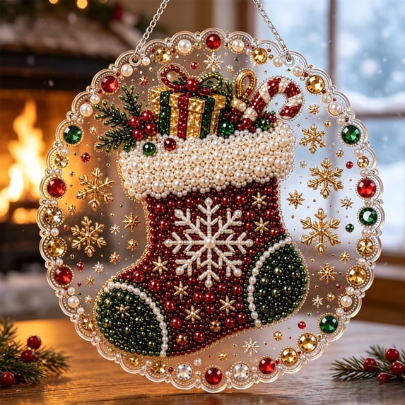 Christmas Diamond Art Ornament, Diamond Painting Kit, DIY Hanging Decor, Christmas Stocking Pattern Rhinestone Art Craft with Pre-Printed Canvas and Sparkling Beads, Complete Tools Included