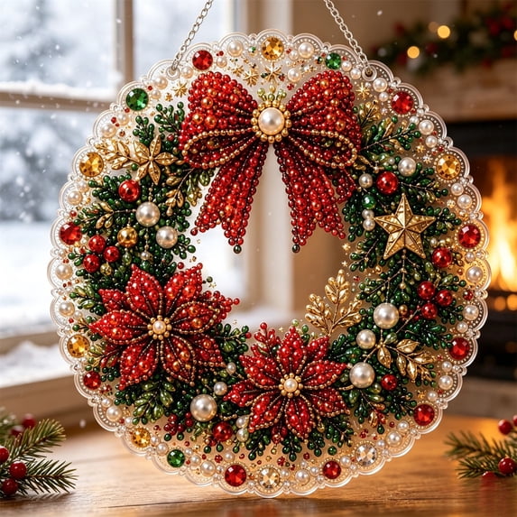 Christmas Diamond Art Ornament, Diamond Painting Kit, DIY Hanging Decor, Christmas Wreath Pattern Rhinestone Art Craft with Pre-Printed Canvas and Sparkling Beads, Complete Tools Included