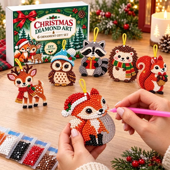 Christmas Diamond Art Ornament Kit 6 Piece, DIY Animal Hanging Decorations, Diamond Beads Painting Tools Hanging Strings, for Christmas Tree Window Door Holiday Gift, 6 Pack