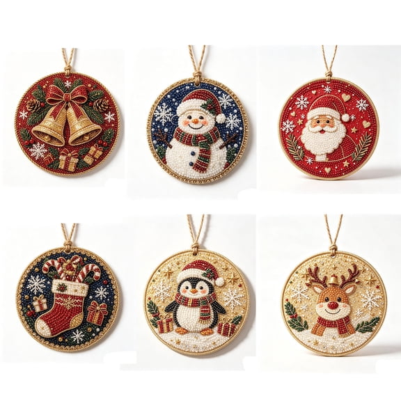 Christmas Diamond Art Ornament Kit, 6PC Round Acrylic DIY Hanging Ornaments, Handmade Rhinestone Xmas Tree Decor, Holiday Craft Set