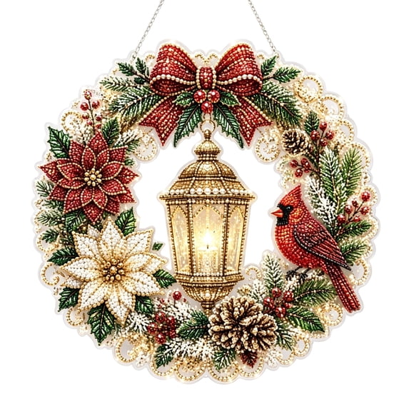 Christmas Diamond Art Ornament Kit for Adults Pearl Bead Craft, 2D Acrylic Board Non-Fading Pearl Bead Craft, Xmas Home Window Wall Suncatcher Decor (Retro Lantern)