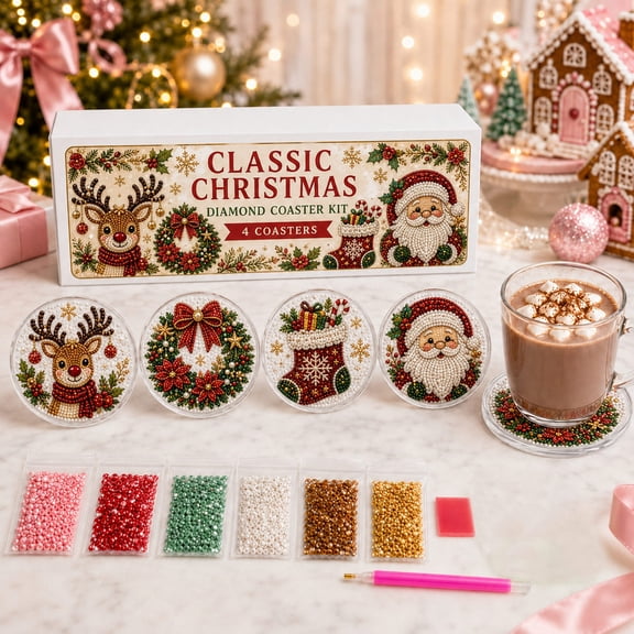 Christmas Diamond Painting Coaster Kit with Gift Box, 4 Pack DIY Crystal Art Set with Tools, Plastic Drink Coasters for Home Decor, Spooky Craft Gift for Beginners