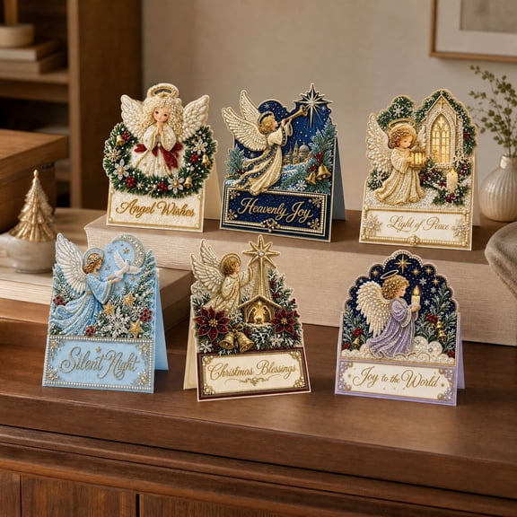 Christmas Diamond Painting Greeting Card Kit, 6pc Angel and Nativity Beaded Cards for Holiday Home Decor and Gifts, 5.91 in