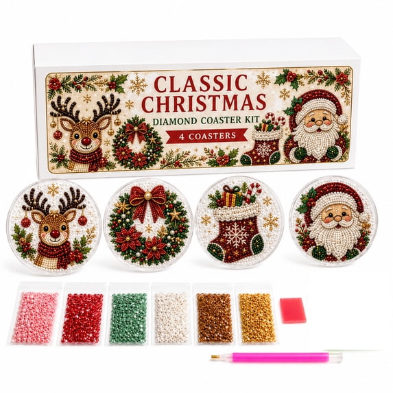 Christmas Diamond Painting Kit 4 Pack, DIY Rhinestone Art Craft Set for Adults Beginners, Mini Holiday Coasters & Ornaments, Fun Xmas Home Decor Gift