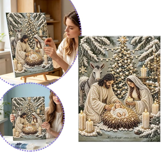 Christmas Diamond Painting Kit 5D Rhinestone Art for Adults Holy Night Scene DIY Bead Craft for Home Wall Decor