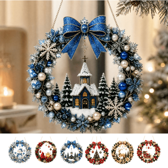Christmas Diamond Painting Kit, Wreath Suncatcher Hanging Ornament, Sparkling Diamond Painting Hanging Wreath Art Craft Set with LED Light for Front Door Wall Holiday Decor (Church)