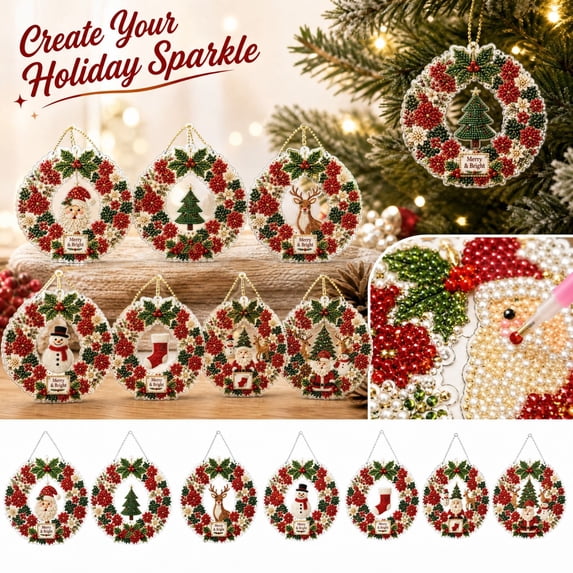 Christmas Diamond Painting Kit with Pearl Embellishment, Festive Round Wreath Art for Holiday Home Display, Merry & Bright Wall Hanging Decor 1Pc