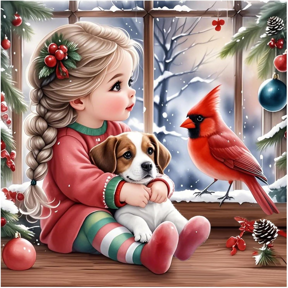 Christmas Diamond Painting Kits for Adults, Dog Cardinal Diamond Art Kits for Beginners, DIY 5D Full Drill Diamond Dots Gem Craft Art for Home Decor 11.8x11.8in