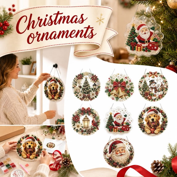 Christmas Diamond Painting with Rhinestone Chain, 8 Inch Acrylic Ornament, Diamond Painting Kit for Adults and Kids, Silver Rhinestone Applique Christmas Tree Deer Design, White