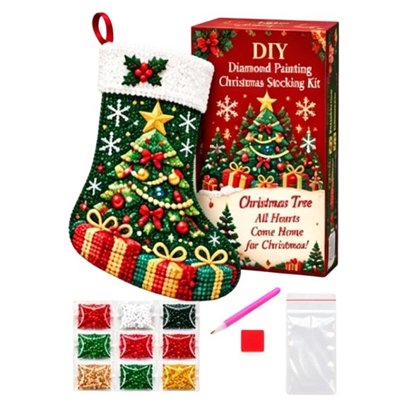 Christmas Diamond Painting Stocking Kit with Full Drill Beads and Hanging Loop, 1 Set, Green and Red Christmas Tree Design, for Holiday Home Decor, Diy Craft Kit