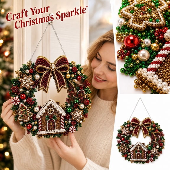 Christmas Diamond Painting Wreath DIY Kit with LED Lights, 8 in Pearl Diamond Art Kit for Adults, Acrylic Christmas Cottage Hanging Ornament for Door Wall Home Decoration Gift
