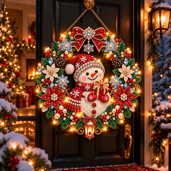 Christmas Diamond Painting Wreath Kit with LED Lights, 9.8 in Snowman Pearl Diamond Art Kit for Adults, DIY Lighted Christmas Door Hanging Decor with Metal Chain for Wall Window Holiday Gift