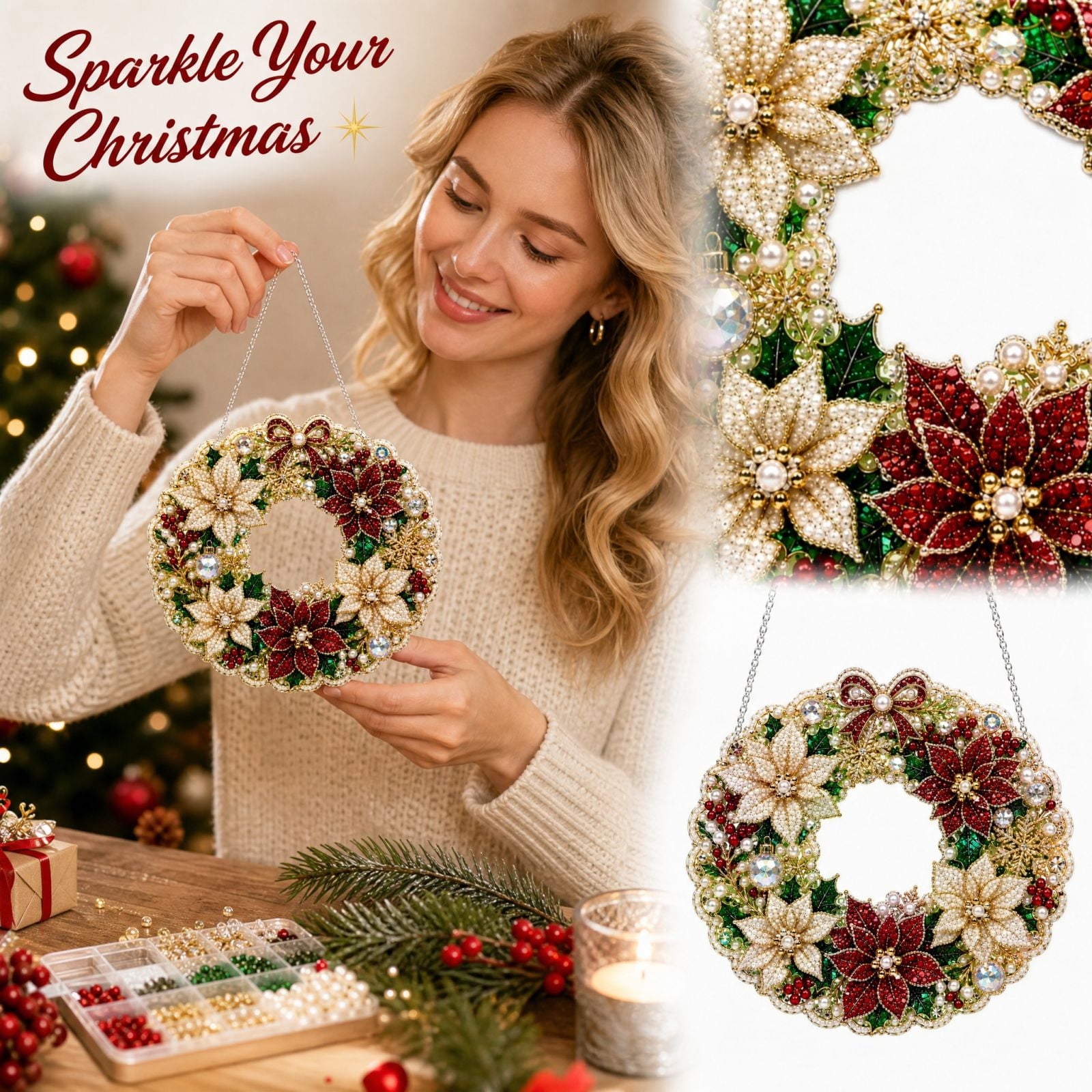 Christmas Diamond Painting Wreath Kit with LED String Lights, DIY ...
