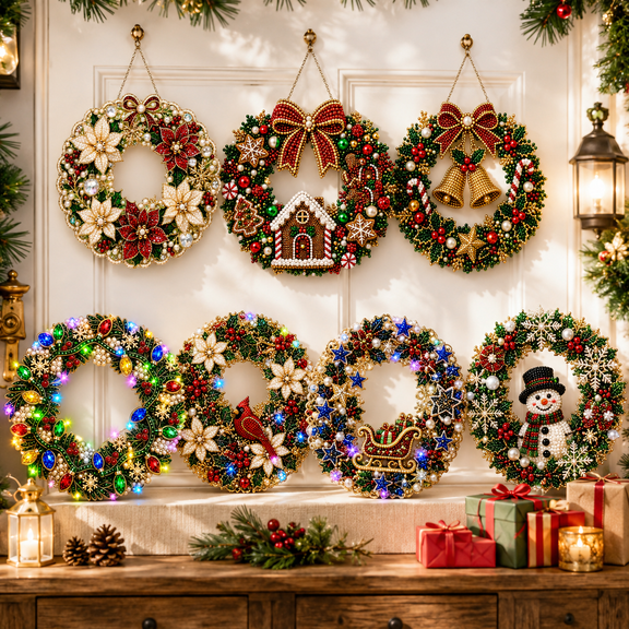 Christmas Diamond Painting Wreath Kit with LED String Lights, DIY Pearl Art Wreath for Adults, Acrylic Christmas Hanging Decor for Door Wall Window Holiday Craft Gift