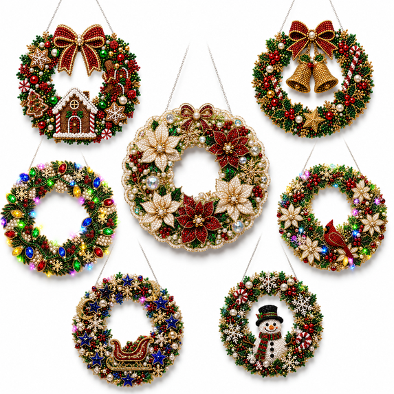 Christmas Diamond Painting Wreath Kit with LED String Lights, DIY Pearl Art Wreath for Adults, Acrylic Christmas Hanging Decor for Door Wall Window Holiday Craft Gift