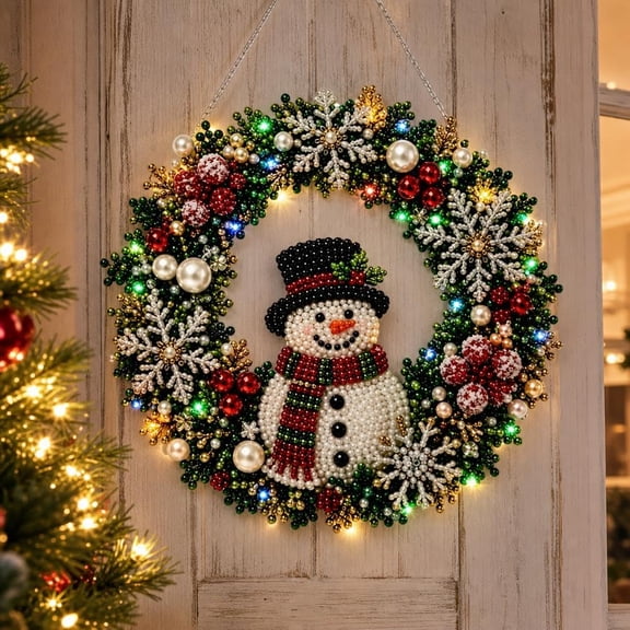 Christmas Diamond Painting Wreath Kit, with LED String Lights, Poinsettia Pearl Diamond Art Kit for Adults, DIY Acrylic Christmas Hanging Ornament for Door Wall Window Home Decor Gift