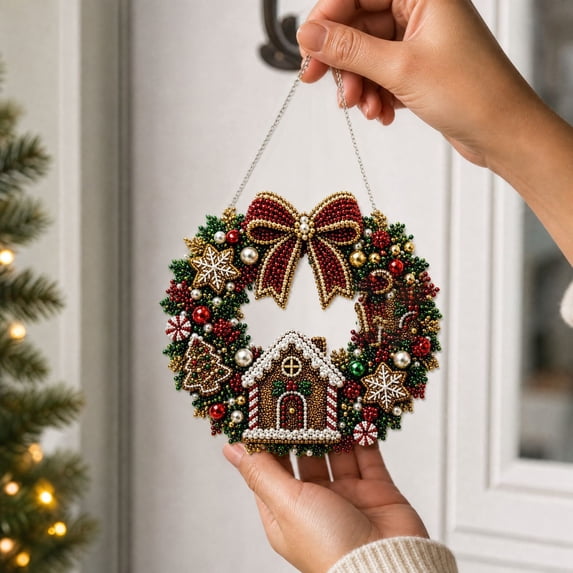 Christmas Diamond Painting Wreath Kit With Led Light, Diy Diamond Art Kits For Adults,Hanging Christmas Decorations For Xmas Door Wall Home Decor