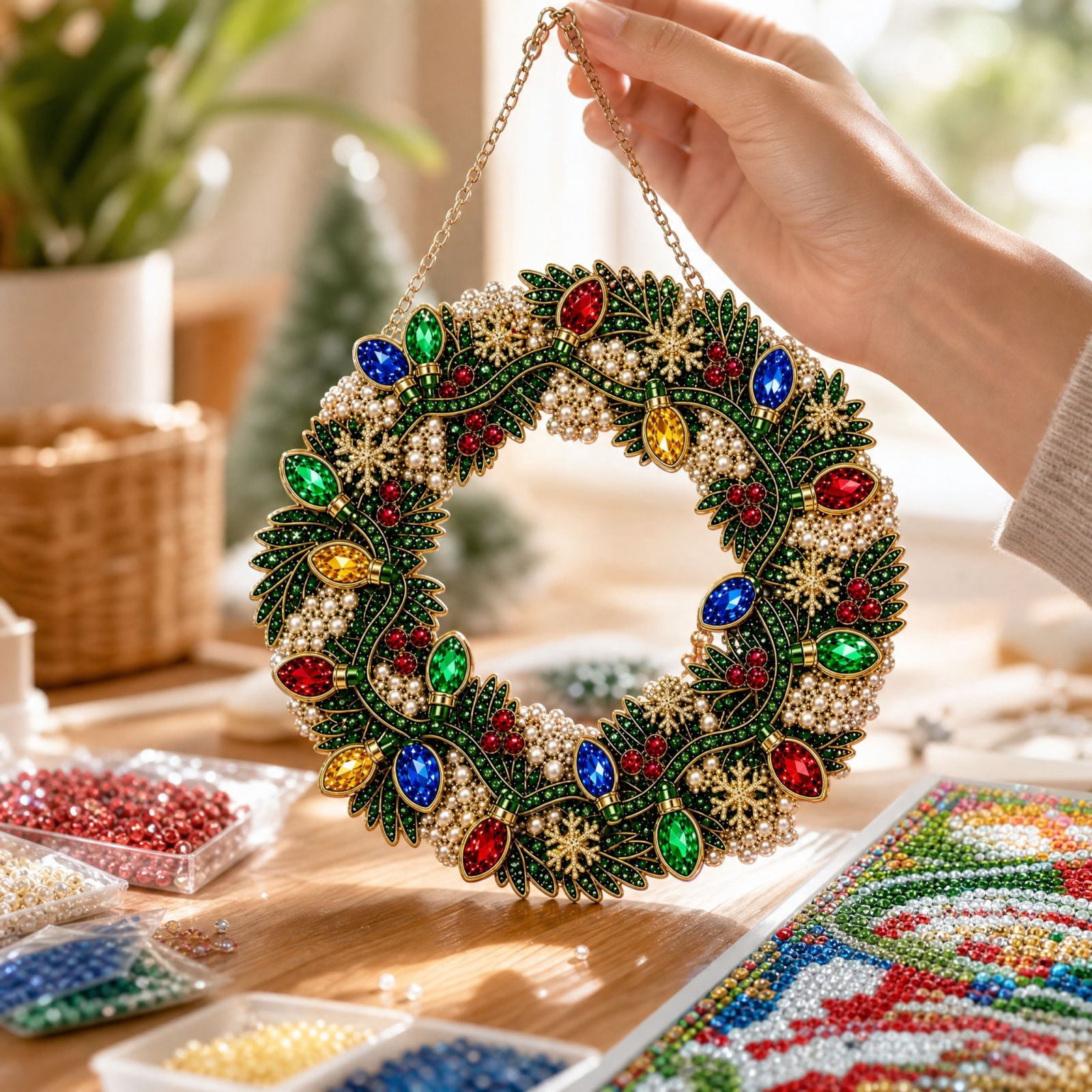 Christmas Diamond Painting Wreath Kit With Led Light, Diy Diamond Art ...