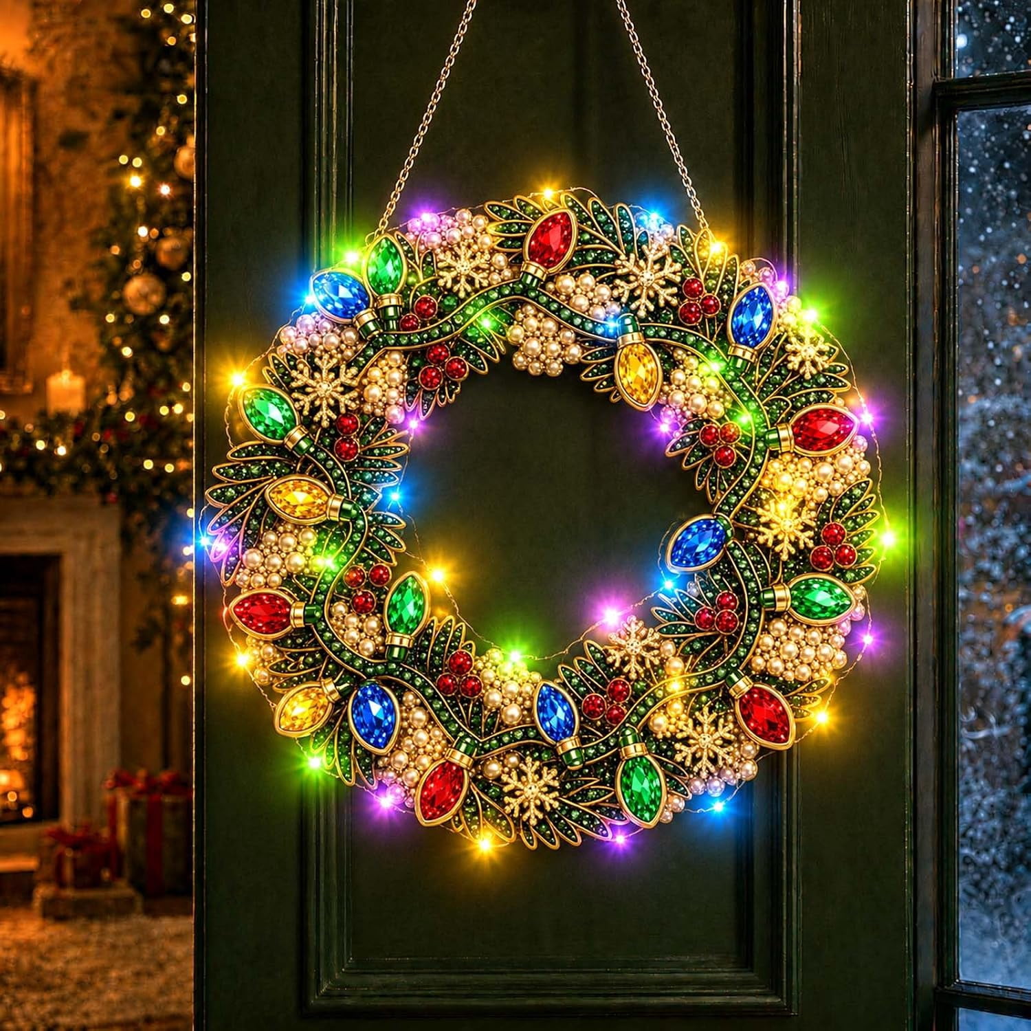 Christmas Diamond Painting Wreath Kit with LED String Lights, Pearl ...